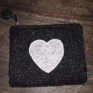 Black Beaded Zipper Pouch, Bag, with Pink Heart